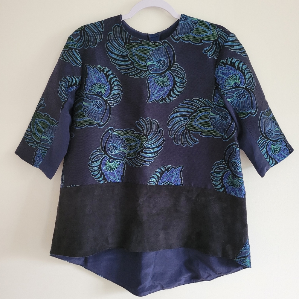 Flower Embroidered Silk Wool Blend 3/4 Sleeve High Low Tunic Blouse Top EUC